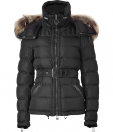 Stay warm in high style with this ultra-luxe down jacket from Belstaff - Stand collar, fur-trimmed hood with snaps and toggle, front zip closure, belted waist, zip pockets and cuffs - Style with skinny jeans and over-the-knee boots Stay warm in high style with this ultra-luxe down jacket from Belstaff - Stand collar, fur-trimmed hood with snaps and toggle, front zip closure, belted waist, zip pockets and cuffs - Style with skinny jeans and over-the-knee boots