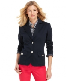 Give your outfit a stylish pop of preppy with this petite blazer by Jones New York Signature. Cuff the sleeves to reveal a charming polka dot print lining!