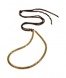 Simple, but show-stopping artisan necklace - Features small, gold-colored brass beads on a brown, leather cord - Hand-created by Argentinian designer Mara Carrizo Scalise - A gorgeous every-day necklace with a white linen button-down and jeans, or dressed up for a night out with a plunge-neck dress