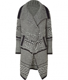 This thick cardigan is a perfect alternative to a jacket when the temperature dips - Designed in sophisticated global-inspired black and white wool pattern - New long form features a wide lapel, long arms and two front pockets - Buttonless - Creates a cozy, elegant and modern look when paired with skinny jeans and flats, or with a narrow skirt and knee-high boots This thick cardigan is a perfect alternative to a jacket when the temperature dips - Designed in sophisticated global-inspired black and white wool pattern - New long form features a wide lapel, long arms and two front pockets - Buttonless - Creates a cozy, elegant and modern look when paired with skinny jeans and flats, or with a narrow skirt and knee-high boots