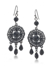 Jet crystals add dramatic detailing to Carolee's chic chandelier earrings. Crafted in hematite tone mixed metal, they'll look suitably stylish for both daytime and evening wear. Approximate drop: 2-1/2 inches. Jet crystals add dramatic detailing to Carolee's chic chandelier earrings. Crafted in hematite tone mixed metal, they'll look suitably stylish for both daytime and evening wear. Approximate drop: 2-1/2 inches.