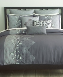Fresh perspective. Featuring an appliqué-and-embroidery leaf motif along with contrast dot designs, Bryan Keith's Oxford comforter set offers a modern appeal in tones of deep purple and soft gray and green. Quilted European shams and delicately embroidered decorative pillows complete this set with careful attention to detail. Comforter reverses to the same print as the stripe design in the leaf appliqué. Fresh perspective. Featuring an appliqué-and-embroidery leaf motif along with contrast dot designs, Bryan Keith's Oxford comforter set offers a modern appeal in tones of deep purple and soft gray and green. Quilted European shams and delicately embroidered decorative pillows complete this set with careful attention to detail. Comforter reverses to the same print as the stripe design in the leaf appliqué.