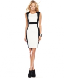 Gorgeous black and white create a bold look on INC's classic sheath dress. The colorblocking creates a lean, streamlined look and defines the waist. Gorgeous black and white create a bold look on INC's classic sheath dress. The colorblocking creates a lean, streamlined look and defines the waist.