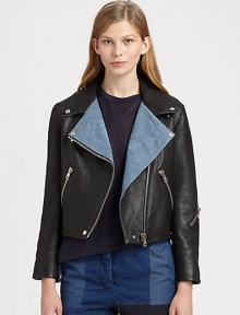 Denim trim softens this edgy leather motorcycle jacket. Denim-trim notched collarSnap closures; front zipperLong denim-trim sleevesZippered cuffsZippered slash pocketsAbout 19 from shoulder to hemBody: LeatherTrim: Viscose/cottonDry clean with leather specialistImportedSIZE & FITModel shown is 5'10 (177cm) wearing US size 4. Denim trim softens this edgy leather motorcycle jacket. Denim-trim notched collarSnap closures; front zipperLong denim-trim sleevesZippered cuffsZippered slash pocketsAbout 19 from shoulder to hemBody: LeatherTrim: Viscose/cottonDry clean with leather specialistImportedSIZE & FITModel shown is 5'10 (177cm) wearing US size 4.
