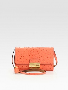 A petite design in luxurious ostrich stamped leather with radiant hardware.Detachable shoulder strap, 21½ dropPush-lock flap closureOne outside open pocketOne inside open pocketMetallic leather lining9½W X 6H X 1DImported A petite design in luxurious ostrich stamped leather with radiant hardware.Detachable shoulder strap, 21½ dropPush-lock flap closureOne outside open pocketOne inside open pocketMetallic leather lining9½W X 6H X 1DImported