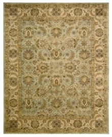 For the Jaipur collection Nourison uses a unique herbal wash to create the silky sheen and antique appearance of these fine wool rugs. In a delicate seafoam hue with an ornate medallion and bloom motif, the rug enhances your home with lavishly elegant style. For the Jaipur collection Nourison uses a unique herbal wash to create the silky sheen and antique appearance of these fine wool rugs. In a delicate seafoam hue with an ornate medallion and bloom motif, the rug enhances your home with lavishly elegant style.