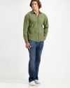 Worn-in and gently faded denim is cut with a comfortable, lightweight fit that never wears out its welcome. Five-pocket style Signature stitching on back pockets Inseam, about 33 Cotton Machine wash Made in USA 