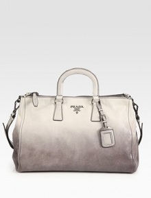 Shiny degrade calfskin leather in a structured silhouette finished with signature Brevetto handles.Double top handles, 4 drop Adjustable detachable shoulder strap, 16-19 drop Protective metal feet Double top-zip compartments One inside zip pocket One inside open pocket Suede lining 14½W X 11H X 5½D Made in Italy
