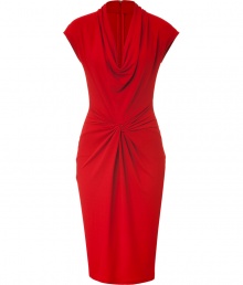 A draped silhouette and a bold crimson hue set this Michael Kors cocktail dress apart from the basic LBDs - Draped cowl neckline, sleeveless, defined waist with front knot detail, concealed back zip closure, fitted silhouette - Pair with ankle strap platforms and a chain-detailed shoulder bag