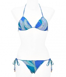 Take an iconic stance on seaside chic in Emilio Puccis characteristic print string bikini - Triangle top with self tie halter and back strings - Bikini bottoms with self-tie side strings - Style with a sheer caftan, a floppy sun hat, and oversized sunnies