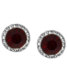 Romantic color overtakes these stud earrings from Givenchy. A siam glass stone is surrounded by glistening clear pave accents. Crafted in imitation rhodium tone mixed metal. Approximate drop: 1-1/2 inches. Romantic color overtakes these stud earrings from Givenchy. A siam glass stone is surrounded by glistening clear pave accents. Crafted in imitation rhodium tone mixed metal. Approximate drop: 1-1/2 inches.
