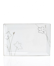 Wildflowers sparkle as they grow on the glazed white porcelain of Charter Club's Platinum Silhouette dinnerware. The dishes have a banded edge that adds a classic touch to a platter with modern spirit. Wildflowers sparkle as they grow on the glazed white porcelain of Charter Club's Platinum Silhouette dinnerware. The dishes have a banded edge that adds a classic touch to a platter with modern spirit.
