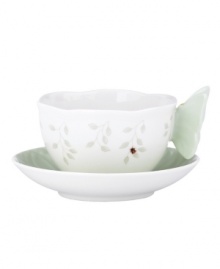 A taste of country living from Lenox. In elegant white porcelain with a scalloped edge and sweet springtime motif, the Butterfly Meadow figural cup and saucer infuse tea time with unparalleled charm. Qualifies for Rebate A taste of country living from Lenox. In elegant white porcelain with a scalloped edge and sweet springtime motif, the Butterfly Meadow figural cup and saucer infuse tea time with unparalleled charm. Qualifies for Rebate