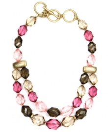 Think pink. A chic brown and pink color scheme adorns Jones New York's trendy two-row necklace. Faceted beads crafted in plastic with gold-plated mixed metal accents and toggle clasp. Approximate length: 17 inches + 2-inch extender. Approximate drop: 1 inch.