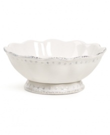 A delicate scalloped edge, graceful beading and gently distressed accents give this small Blanc serving bowl the classic, romantic feel of Versailles Maison's dinnerware collection. A delicate scalloped edge, graceful beading and gently distressed accents give this small Blanc serving bowl the classic, romantic feel of Versailles Maison's dinnerware collection.