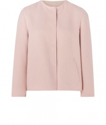 A pristine example of the contemporary Jil Sander look, this soft blush wool jacket is a statement must-have for modern-minimalist wardrobes - Collarless, long sleeves, hidden front snaps, side slit pockets - Boxy retro cut - Team with monochrome dresses and jet black accessories