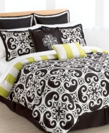 Simply striking, the Kennedy comforter set brings to mind the beauty of architectural details in decidedly modern style. Featuring a chic brown/black background with white accents, this captivating comforter reverses to bold lime and white stripes for a refreshing appeal. (Clearance)