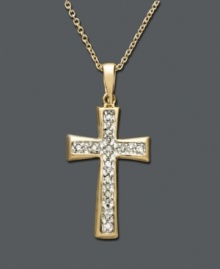 An alluring way to express your faith, this cross necklace features round-cut channel-set diamonds (1/10 ct. t.w.) within an 18k gold and sterling silver setting. Approximate length: 18 inches. Approximate drop: 1-1/4 inches. An alluring way to express your faith, this cross necklace features round-cut channel-set diamonds (1/10 ct. t.w.) within an 18k gold and sterling silver setting. Approximate length: 18 inches. Approximate drop: 1-1/4 inches.