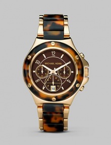 Shiny gold stainless steel and tortoise acetate combine to create a modern timepiece with classic sensibilities.Quartz movement Water resistant to 10ATM Goldplated stainless steel case, 42mm (1.65) Screw-accented bezel Chocolate brown dial Arabic numeral and index hour markers Three chronograph sub dials Date display at 6 o'clock Second hand Gold stainless steel and tortoise acetate link bracelet Imported Shiny gold stainless steel and tortoise acetate combine to create a modern timepiece with classic sensibilities.Quartz movement Water resistant to 10ATM Goldplated stainless steel case, 42mm (1.65) Screw-accented bezel Chocolate brown dial Arabic numeral and index hour markers Three chronograph sub dials Date display at 6 o'clock Second hand Gold stainless steel and tortoise acetate link bracelet Imported