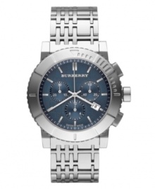 This Burberry timepiece features a check-inspired stainless steel bracelet and round case. Blue chronograph dial with check pattern features silver tone stick indices, minute track, date window, three subdials, three hands and logo. Swiss quartz movement. Water resistant to 100 meters. Two-year limited warranty. This Burberry timepiece features a check-inspired stainless steel bracelet and round case. Blue chronograph dial with check pattern features silver tone stick indices, minute track, date window, three subdials, three hands and logo. Swiss quartz movement. Water resistant to 100 meters. Two-year limited warranty.