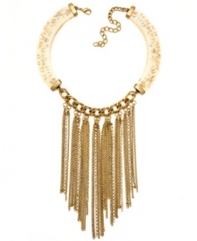 Drape yourself in the colors of luxury. Haskell's drop-dead gorgeous frontal necklace combines a unique mix of gold and ivory-plated mixed metal chains combined with crystal cup chain accents and acrylic beads for a totally-dramatic look. Approximate length: 14 inches + 3-inch extender. Approximate drop: 6-1/2 inches. Drape yourself in the colors of luxury. Haskell's drop-dead gorgeous frontal necklace combines a unique mix of gold and ivory-plated mixed metal chains combined with crystal cup chain accents and acrylic beads for a totally-dramatic look. Approximate length: 14 inches + 3-inch extender. Approximate drop: 6-1/2 inches.