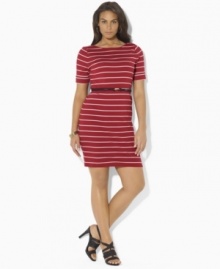 Slim sailor stripes and anchor-embossed buttons give a seafaring spirit to Lauren by Ralph Lauren's fine-ribbed cotton plus size dress, accented with rope belt at the waist for a chic finishing touch.