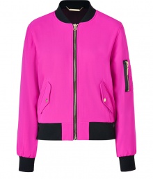 Work a fun edge into your outfit with Juicy Coutures bright pink bomber jacket - Soft chiffon exterior, black knit collar, long sleeves with aviator-style zip pocket, black knit cuffs, gold-toned front zip, snapped flap pockets, black knit hemline - Loosely fitted, tapered hemline, shorter cut - Wear with jet black skinnies and tissue tees, or over your favorite Little Black Dress Work a fun edge into your outfit with Juicy Coutures bright pink bomber jacket - Soft chiffon exterior, black knit collar, long sleeves with aviator-style zip pocket, black knit cuffs, gold-toned front zip, snapped flap pockets, black knit hemline - Loosely fitted, tapered hemline, shorter cut - Wear with jet black skinnies and tissue tees, or over your favorite Little Black Dress