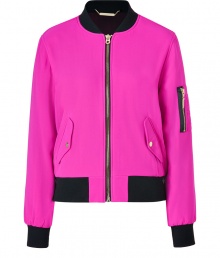 Work a fun edge into your outfit with Juicy Coutures bright pink bomber jacket - Soft chiffon exterior, black knit collar, long sleeves with aviator-style zip pocket, black knit cuffs, gold-toned front zip, snapped flap pockets, black knit hemline - Loosely fitted, tapered hemline, shorter cut - Wear with jet black skinnies and tissue tees, or over your favorite Little Black Dress