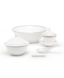 Add spice to the table with a dash of Asian flavor. The chopstick stand presents pure white bone china adorned with a border of textured platinum ribbon. The perfect piece to round out the Grosgrain collection of Vera Wang dinnerware and dishes. Shown at right bottom.