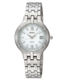 Careful attention to detail and solar power by Seiko delivers you two-month energy storage, quick start function and energy depletion warning. Stainless steel bracelet and round case, 28mm. White patterned dial features silvertone luminous hands, stick indices, Roman numerals at twelve and six o'clock, date window at three o'clock and logo. Solar quartz movement. Water resistant to 30 meters. Three-year limited warranty. A Macy's exclusive. Careful attention to detail and solar power by Seiko delivers you two-month energy storage, quick start function and energy depletion warning. Stainless steel bracelet and round case, 28mm. White patterned dial features silvertone luminous hands, stick indices, Roman numerals at twelve and six o'clock, date window at three o'clock and logo. Solar quartz movement. Water resistant to 30 meters. Three-year limited warranty. A Macy's exclusive.