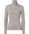 Luxe basics anchor any modern wardrobe, and Ralph Laurens pale brown merino wool pullover proves an elegant indispensable - Fitted, feminine cut tapers through waist - Long sleeves and turtleneck collar - Finely ribbed trim at cuffs and hem - Versatile and polished, seamlessly goes from work to weekend - Pair with everything from pencil skirts and suit trousers to skinny denim and leather pants