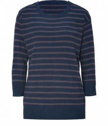 Trend favorite stripes get a super soft finish in DKNYs tri-color silk-cashmere pullover - Rounded-neckline, 3/4 sleeves, fine ribbed cuffs and hemline, long and slim silhouette - Perfect for pairing with favorite skinnies, cords, and midi-skirts alike