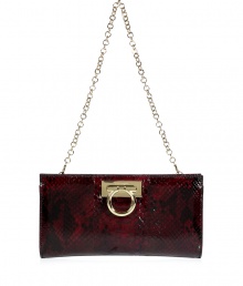 Give dressy evening looks an exquisitely luxurious polish with Salvatore Ferragamos rich bordeaux python clutch - Hidden magnetic top snap, removable chain link shoulder strap, chocolate sueded lining with back wall slot pocket - Wear with tonal evening gown and jet black strappy sandals Give dressy evening looks an exquisitely luxurious polish with Salvatore Ferragamos rich bordeaux python clutch - Hidden magnetic top snap, removable chain link shoulder strap, chocolate sueded lining with back wall slot pocket - Wear with tonal evening gown and jet black strappy sandals