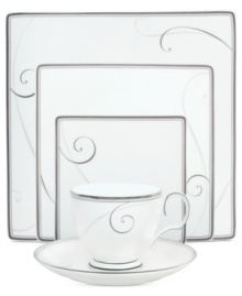 Fluid platinum scrolls glide freely through this stunning and, in a new square shape, sleek Platinum Wave place setting from Noritake. A timeless look in dishwasher-safe porcelain. Coordinates with Platinum Wave stemware. Fluid platinum scrolls glide freely through this stunning and, in a new square shape, sleek Platinum Wave place setting from Noritake. A timeless look in dishwasher-safe porcelain. Coordinates with Platinum Wave stemware.