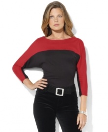 Lauren Ralph Lauren's  modern color-blocked design enlivens a dolman-sleeved top, knit in soft cotton for comfortable yet chic style.