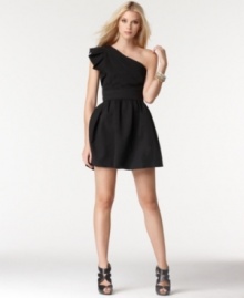 Pleated ruffles add angular edge to this otherwise feminine MM Couture one-shoulder dress -- pair it with fierce footwear to complete the look! Pleated ruffles add angular edge to this otherwise feminine MM Couture one-shoulder dress -- pair it with fierce footwear to complete the look!