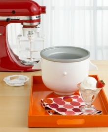 To maximize use of your ice cream maker, snap in KitchenAid's 2-quart attachment freezer bowl, the largest in the industry. Provides complete, even freezing of ice cream batter. Includes drive assembly; rotating dasher to spread, scrape and mix; adapter ring to fit mixers; instruction guide and recipes. Easy to use and clean. Ideal for all sorts of frozen desserts. Manufacturer's replacement warranty. To maximize use of your ice cream maker, snap in KitchenAid's 2-quart attachment freezer bowl, the largest in the industry. Provides complete, even freezing of ice cream batter. Includes drive assembly; rotating dasher to spread, scrape and mix; adapter ring to fit mixers; instruction guide and recipes. Easy to use and clean. Ideal for all sorts of frozen desserts. Manufacturer's replacement warranty.