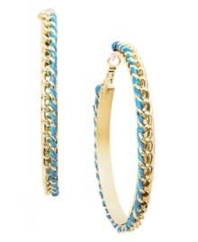 Traditional hoop earrings with a bright pop of color. Bar III's modern style incorporates blue ribbon, a woven pattern, and a gold tone mixed metal setting. Approximate diameter: 2 inches. Traditional hoop earrings with a bright pop of color. Bar III's modern style incorporates blue ribbon, a woven pattern, and a gold tone mixed metal setting. Approximate diameter: 2 inches.