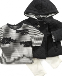 Keep her warm and comfortable with this adorable and trendy coat, top, and pant set by Calvin Klein. Keep her warm and comfortable with this adorable and trendy coat, top, and pant set by Calvin Klein.