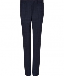 A smart pair of slim dress trousers are an essential in any wardrobe, and PS by Paul Smiths midnight blue wool pants are a modern must - Contemporary cut is slim, with flattering, leg-elongating crease detail and a subtle check pattern - Tab waist with belt loops and zip fly - Slash pockets at sides, welt pockets at rear - Polished and elegant, perfect for pairing with a button down and blazer, a cashmere pullover or a t-shirt and leather jacket A smart pair of slim dress trousers are an essential in any wardrobe, and PS by Paul Smiths midnight blue wool pants are a modern must - Contemporary cut is slim, with flattering, leg-elongating crease detail and a subtle check pattern - Tab waist with belt loops and zip fly - Slash pockets at sides, welt pockets at rear - Polished and elegant, perfect for pairing with a button down and blazer, a cashmere pullover or a t-shirt and leather jacket