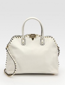 Polished pyramid studs give this sturdy leather satchel a contemporary edge.Double top handles, 4½ dropFlap lock closureProtective metal feetOne inside zip pocketTwo inside open pocketsCotton lining13¼W X 11H X 5½DMade in Italy Polished pyramid studs give this sturdy leather satchel a contemporary edge.Double top handles, 4½ dropFlap lock closureProtective metal feetOne inside zip pocketTwo inside open pocketsCotton lining13¼W X 11H X 5½DMade in Italy