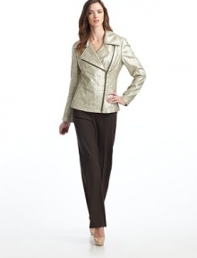 THE LOOKNotched lapelAsymmetrical zip closure with one interior buttonLong sleevesMetallic designSide slash pocketsSeam detailsFully linedTHE FITAbout 25 from shoulder to hemTHE MATERIAL22% cotton/22% nylon/21% acrylic/18% silk/11%wool/6% polyesterCARE & ORIGINDry cleanImported THE LOOKNotched lapelAsymmetrical zip closure with one interior buttonLong sleevesMetallic designSide slash pocketsSeam detailsFully linedTHE FITAbout 25 from shoulder to hemTHE MATERIAL22% cotton/22% nylon/21% acrylic/18% silk/11%wool/6% polyesterCARE & ORIGINDry cleanImported
