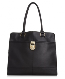 Elegant and understated but big on style, this city-sleek silhouette from Calvin Klein epitomizes exquisite accessorizing. Crafted from sumptuous leather with golden detailing, it's ideal for the lady about town. Elegant and understated but big on style, this city-sleek silhouette from Calvin Klein epitomizes exquisite accessorizing. Crafted from sumptuous leather with golden detailing, it's ideal for the lady about town.