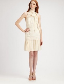 Gauzy chiffon, tailored in a halter style and trimmed in delicate bands of lace.Halter style neckline with front tieRuched yokeLace bodiceDrop waistGathered skirtConcealed back zip with keyhole and button closuresFully linedAbout 20 from natural waistPolyesterSpot cleanImportedModel shown is 5'10 (177cm) wearing US size 4. Gauzy chiffon, tailored in a halter style and trimmed in delicate bands of lace.Halter style neckline with front tieRuched yokeLace bodiceDrop waistGathered skirtConcealed back zip with keyhole and button closuresFully linedAbout 20 from natural waistPolyesterSpot cleanImportedModel shown is 5'10 (177cm) wearing US size 4.