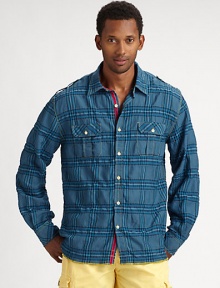 Summer-weight cotton blend and sophisticated plaid pattern create a classic staple brimming with everyday comfort.Point collar with interior velvet trim and contrast lining Button tabs at shoulders Long sleeves with button cuffs and contrast lining Dual button flap pockets at chest Button front with velvet trim at placket Bright stitching detail throughout 36% polyester/27% cotton/20% viscose/17% polyamide Machine wash Imported Summer-weight cotton blend and sophisticated plaid pattern create a classic staple brimming with everyday comfort.Point collar with interior velvet trim and contrast lining Button tabs at shoulders Long sleeves with button cuffs and contrast lining Dual button flap pockets at chest Button front with velvet trim at placket Bright stitching detail throughout 36% polyester/27% cotton/20% viscose/17% polyamide Machine wash Imported
