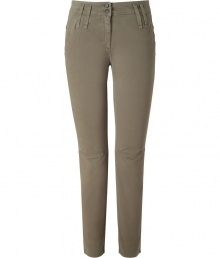 Stylish, straight-leg pants in olive colored stretch cotton are a update on your classic chinos - Features double belt loops, two flap pockets at back, darts at knee, a narrow waist and 7/8-length - Wear with oversized sweater and ankle boots for a downtown trendy look, or take to work with a feminine blouse, blazer and heels