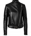 The always favorite moto jacket gets an ultra luxurious remake in Just Cavallis flawless jet black leather silhouette - Cross-over collar, long sleeves, zippered cuffs, diagonal front zip, zippered pockets, belted hemline - Form-fitting - Pair with an elevated jeans-and-tee ensemble, or try over a cocktail frock with sleek heels