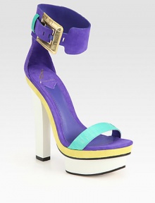 A notice-me design combining lush suede with metallic trim and snake-print leather in rainbow hues. Painted wooden heel, 6 (150mm)Painted wooden island platform, 1¾ (45mm)Compares to a 4¼ heel (110mm)Suede and snake-print leather upper with leather trimAdjustable ankle strap with metallic leather buckleLeather lining and solePadded insoleImported A notice-me design combining lush suede with metallic trim and snake-print leather in rainbow hues. Painted wooden heel, 6 (150mm)Painted wooden island platform, 1¾ (45mm)Compares to a 4¼ heel (110mm)Suede and snake-print leather upper with leather trimAdjustable ankle strap with metallic leather buckleLeather lining and solePadded insoleImported
