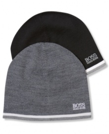 Show 'em who's Boss: Fine-gauge knit beanie from Hugo Boss edged with contrast stripe and embroidered with contrast logo. Show 'em who's Boss: Fine-gauge knit beanie from Hugo Boss edged with contrast stripe and embroidered with contrast logo.