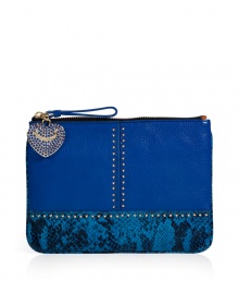 With a fantastic mix of solid and snake embossed leathers, Juicy Coutures versatile zip pouch is glam enough to carry as a mini clutch - Rivet embellishment, signature tonal pave embellished heart charm, top zip with leather pull, striped lining, inside zippered back wall pocket - Stash away in a covetable handbag or carry alone as a clutch With a fantastic mix of solid and snake embossed leathers, Juicy Coutures versatile zip pouch is glam enough to carry as a mini clutch - Rivet embellishment, signature tonal pave embellished heart charm, top zip with leather pull, striped lining, inside zippered back wall pocket - Stash away in a covetable handbag or carry alone as a clutch